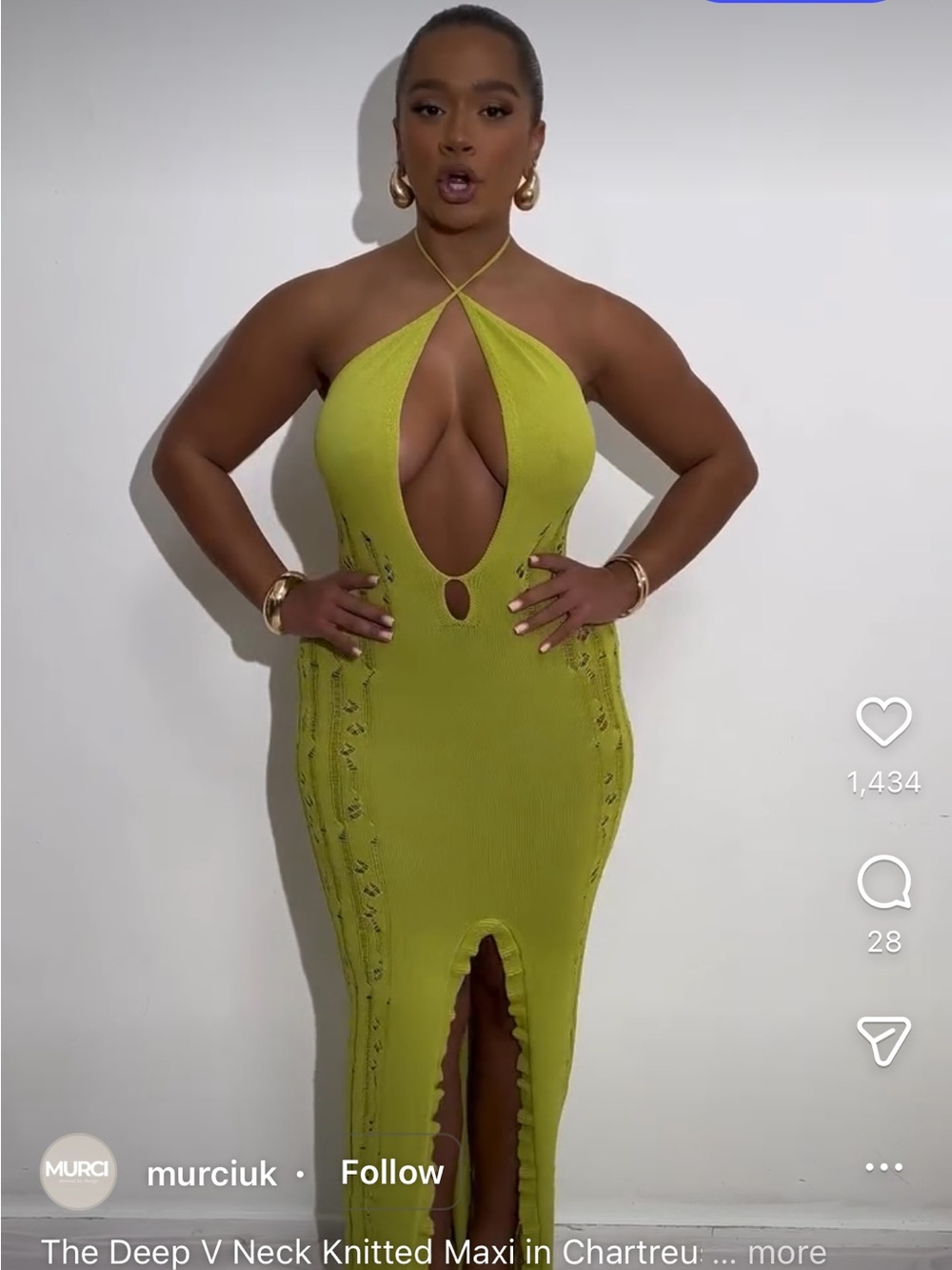 MURCI Chartreuse Deep V Halter Maxi Dress